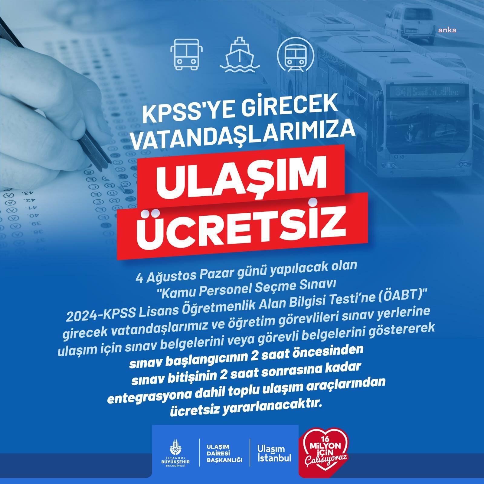 KPSS’ye gireceklere İstanbul’da ulaşım ücretsiz olacak