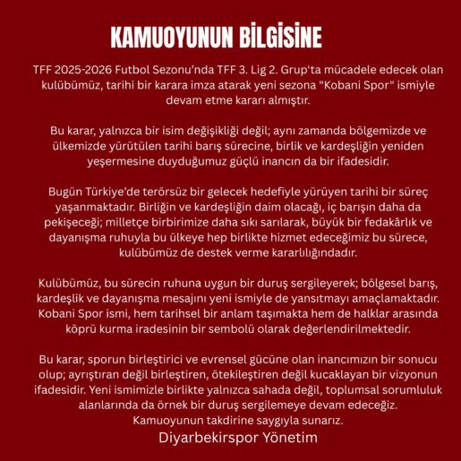 Diyarbekirspor’un adı değişti: Yeni sezonda ‘Kobani Spor’ olarak sahaya çıkacak