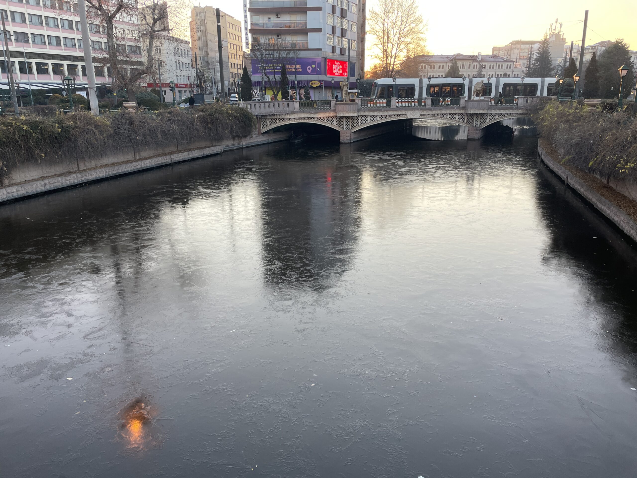 Porsuk Çayı’nın yüzeyinde buz tabakası oluştu