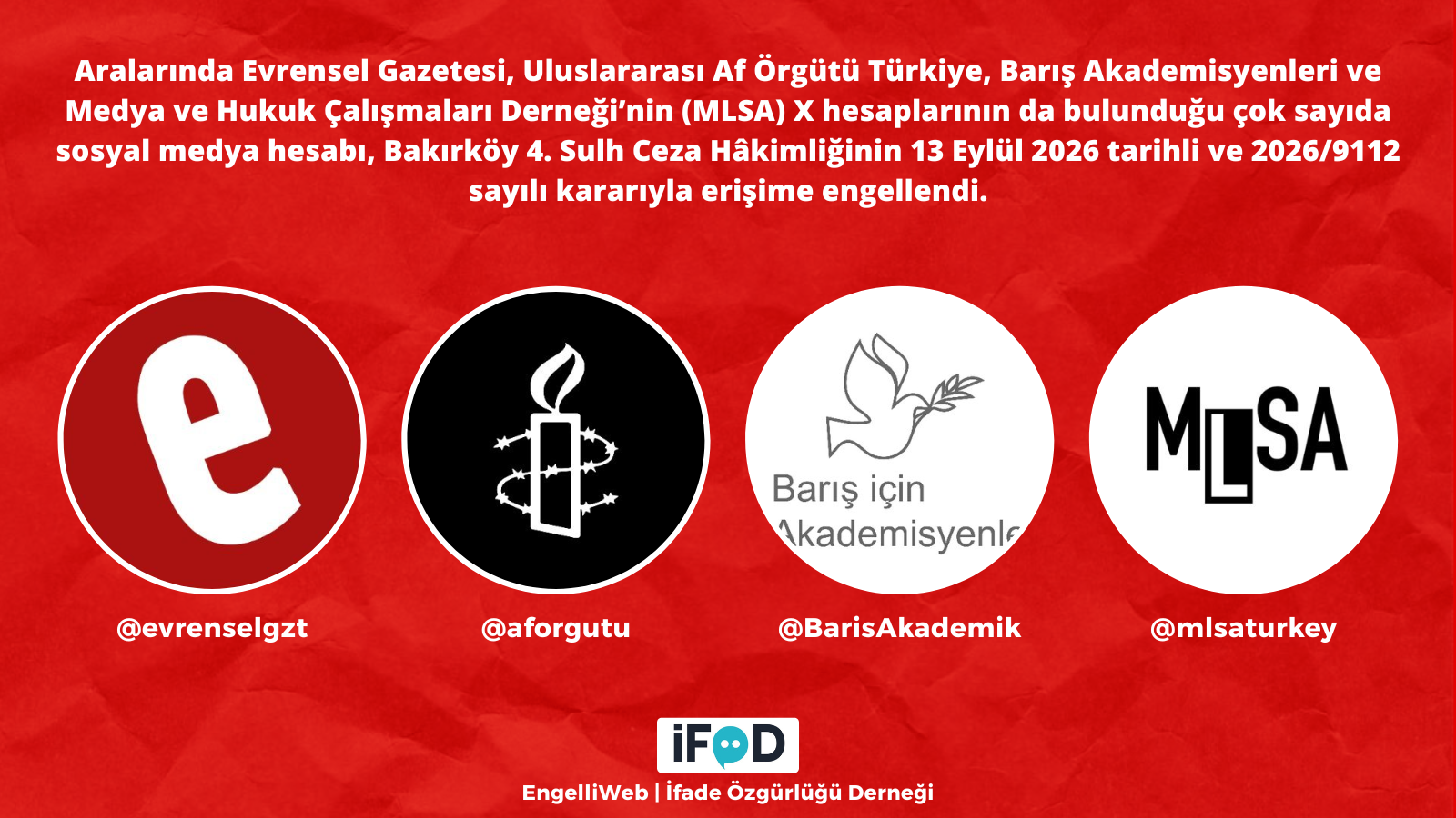 Evrensel Gazetesi, Barış Akademisyenleri, Af Örgütü ve MLSA’nın da dahil olduğu çok sayıda hesaba erişim engeli